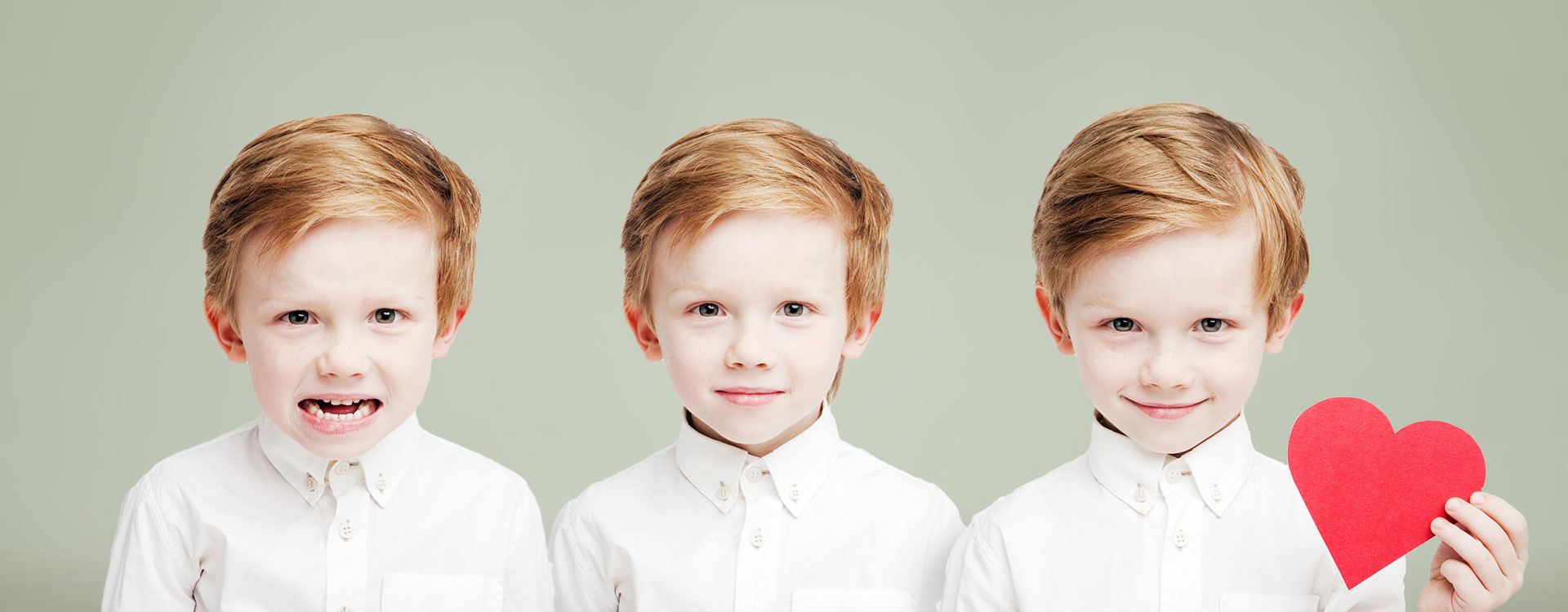 Drei Fotos eines kleinen Jungen im weißen Hemd mit verschiedenen Gesichtsausdrücken - Kundenzufriedenheit - HEUTE UND MORGEN