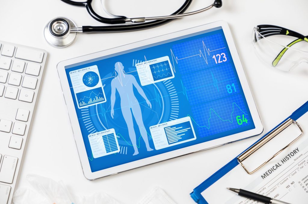 Tablet mit stilisierten Körper-Gesundheitsfunktionen - HEUTE UND MORGEN